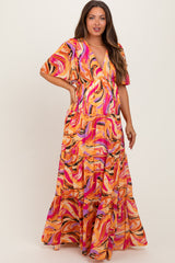Magenta Brushstroke Print Tiered Maternity Maxi Dress