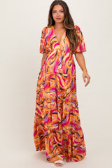 Magenta Brushstroke Print Tiered Maternity Maxi Dress