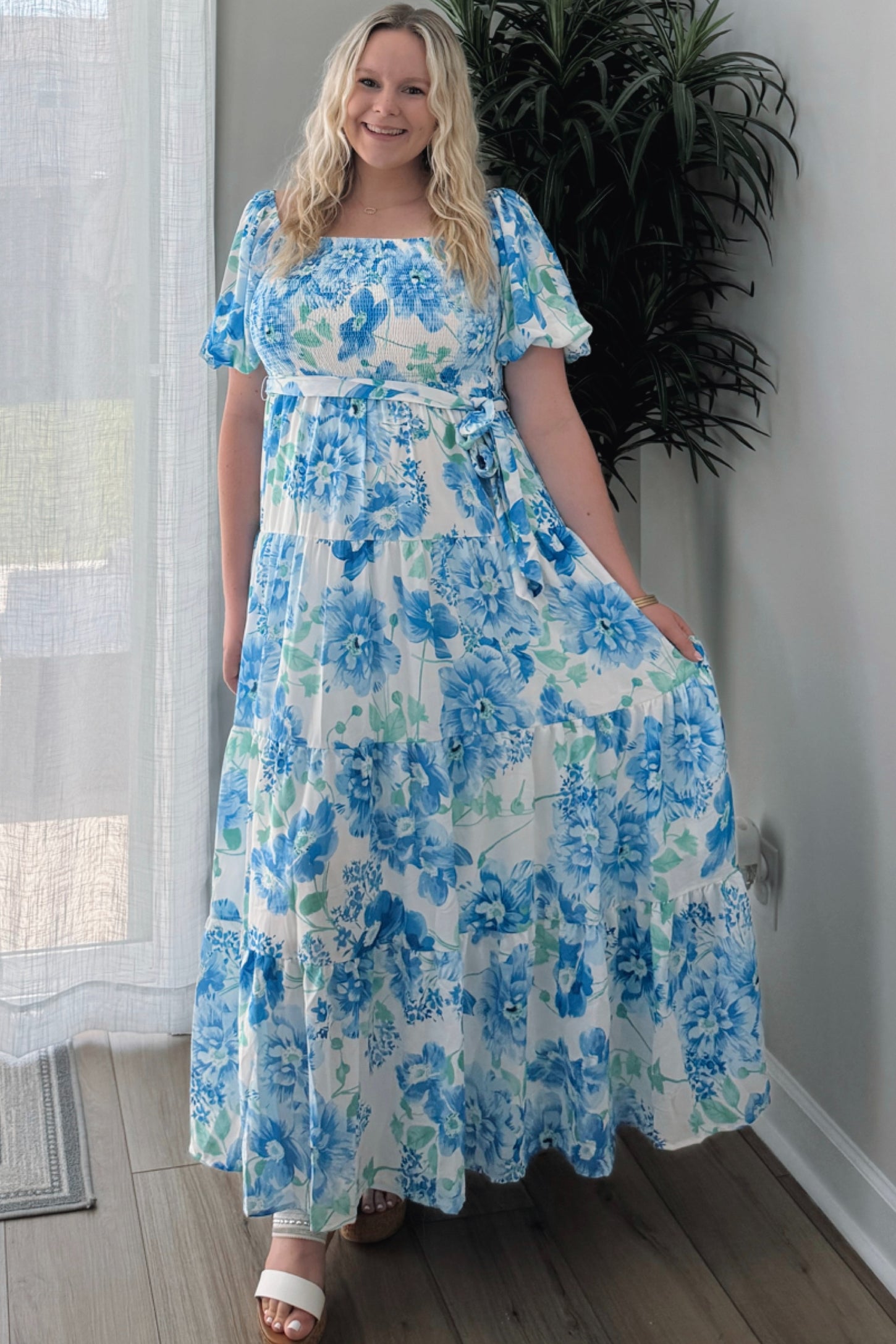 Blue Floral Smocked Puff Sleeve Maxi Dress – PinkBlush