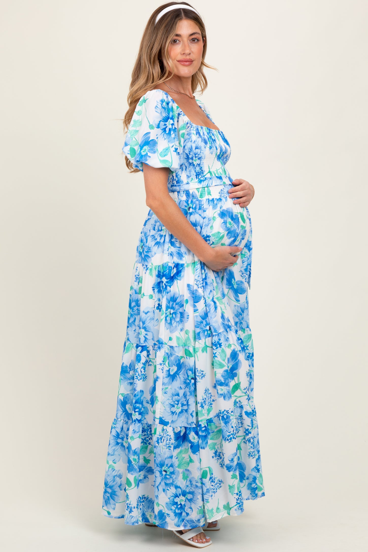 Blue Floral Smocked Puff Sleeve Maternity Maxi Dress Blue Floral Smocked Puff Sleeve Maternity Maxi Dress