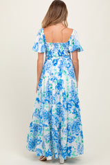Blue Floral Smocked Puff Sleeve Maternity Maxi Dress
