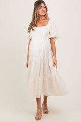 Cream Jacquard Puff Sleeve Tiered Maternity Midi Dress