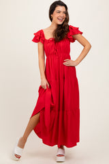 Red Layered Flutter Sleeve Tiered Maxi Dress
