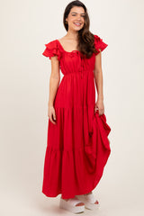 Red Layered Flutter Sleeve Tiered Maternity Maxi Dress