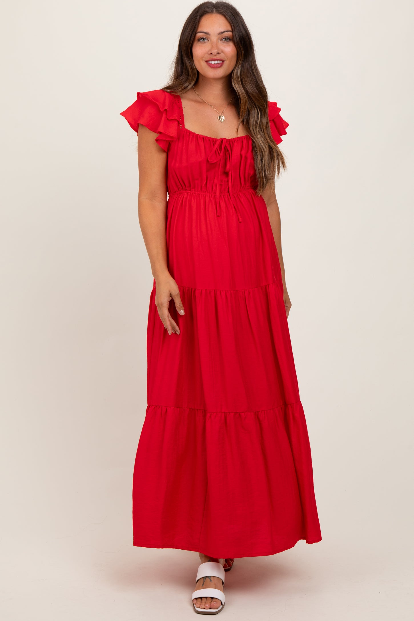Red Layered Flutter Sleeve Tiered Maternity Maxi Dress