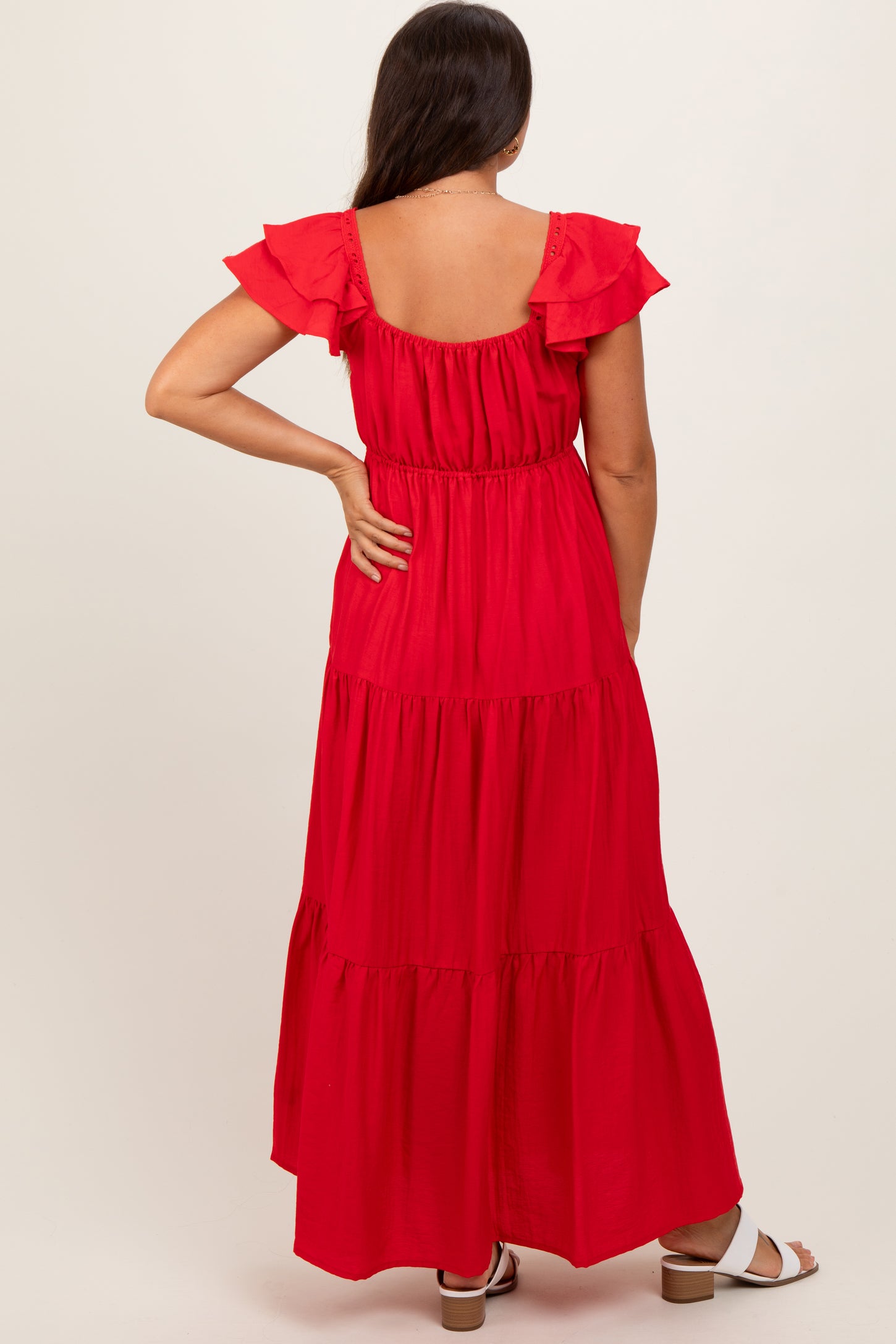 Red Layered Flutter Sleeve Tiered Maternity Maxi Dress