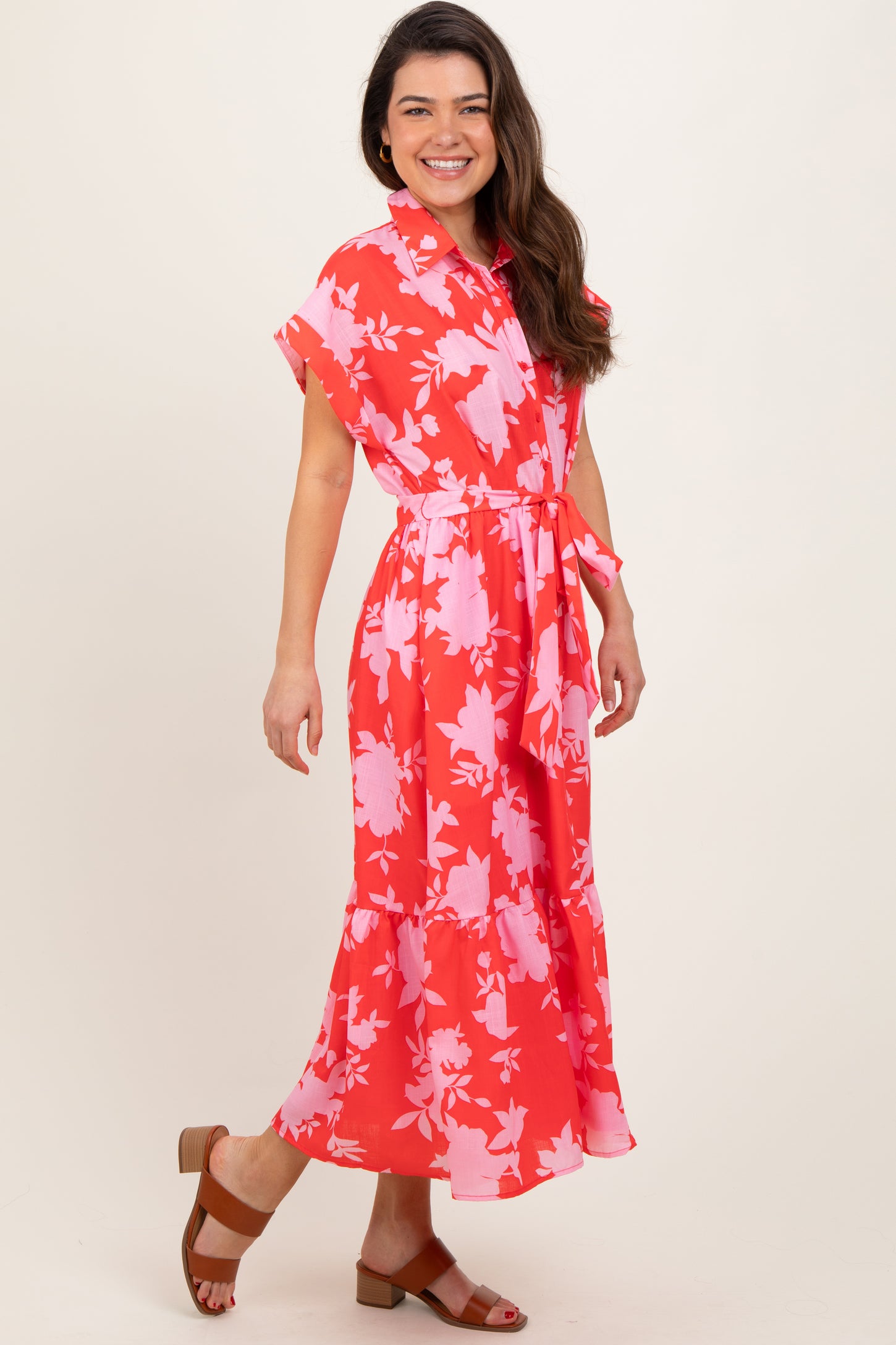 red floral button down dress Red Floral Button Down Plus Midi Shirt Dress PinkBlush