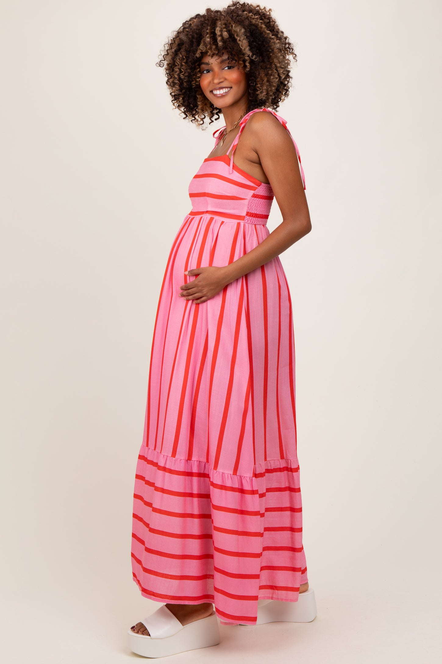 pink blush maternity maxi dress Pink Striped Shoulder Tie Maternity Maxi Dress – PinkBlush