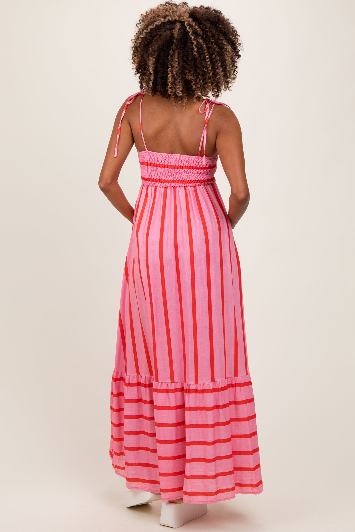 Pink Striped Shoulder Tie Maternity Maxi Dress