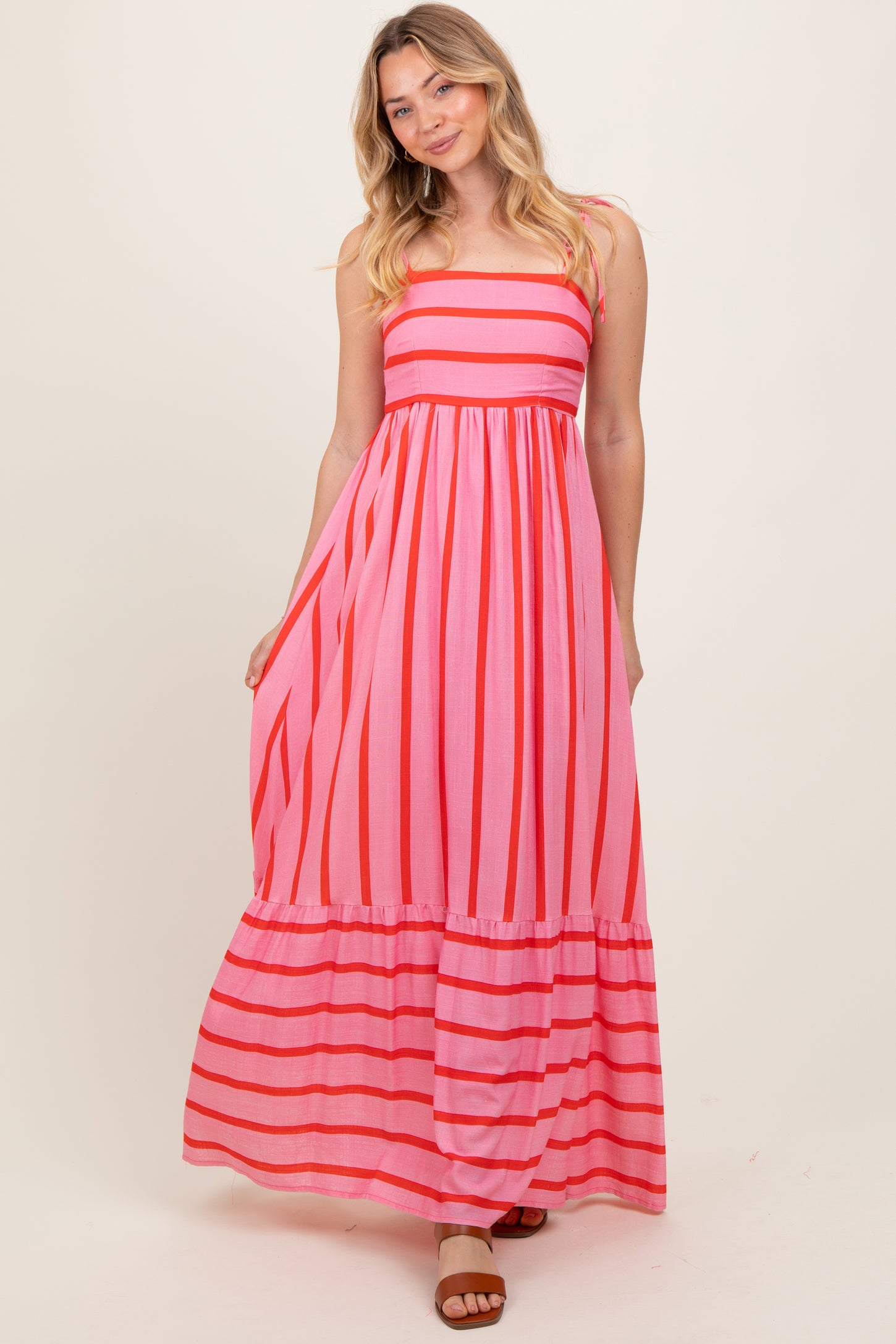 pink blush striped dress Pink Striped Shoulder Tie Maxi Dress