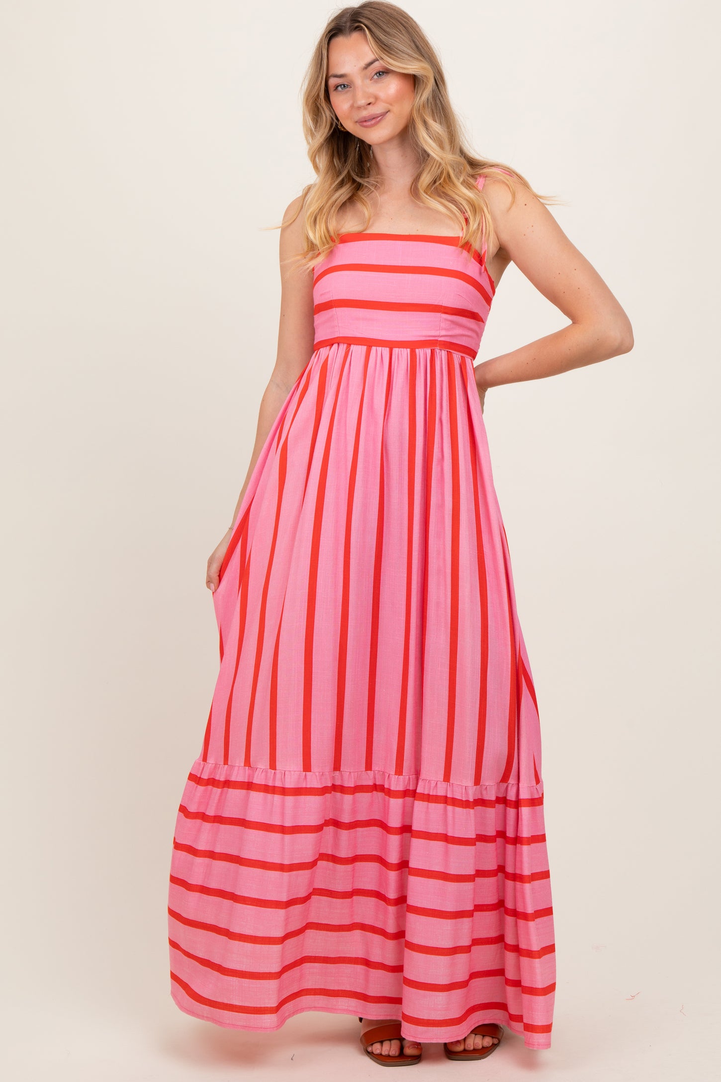 Pink Striped Shoulder Tie Maxi Dress