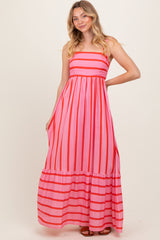 Pink Striped Shoulder Tie Maxi Dress