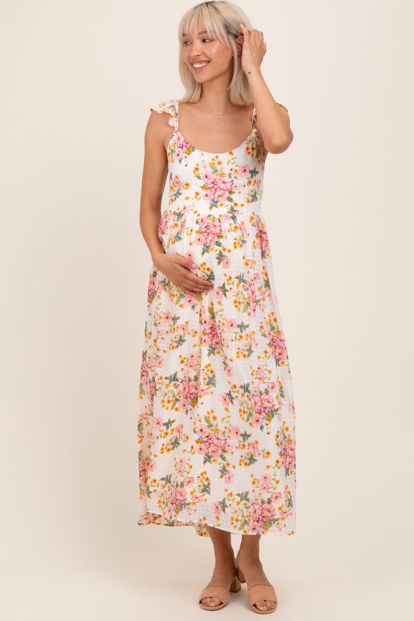 Cream Floral Cutout Tie Back Maternity Midi Dress