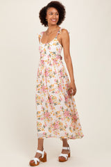 Cream Floral Cutout Tie Back Midi Dress