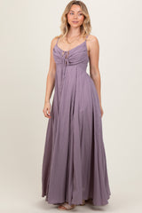 Purple Gathered Tie Front Maxi Dress