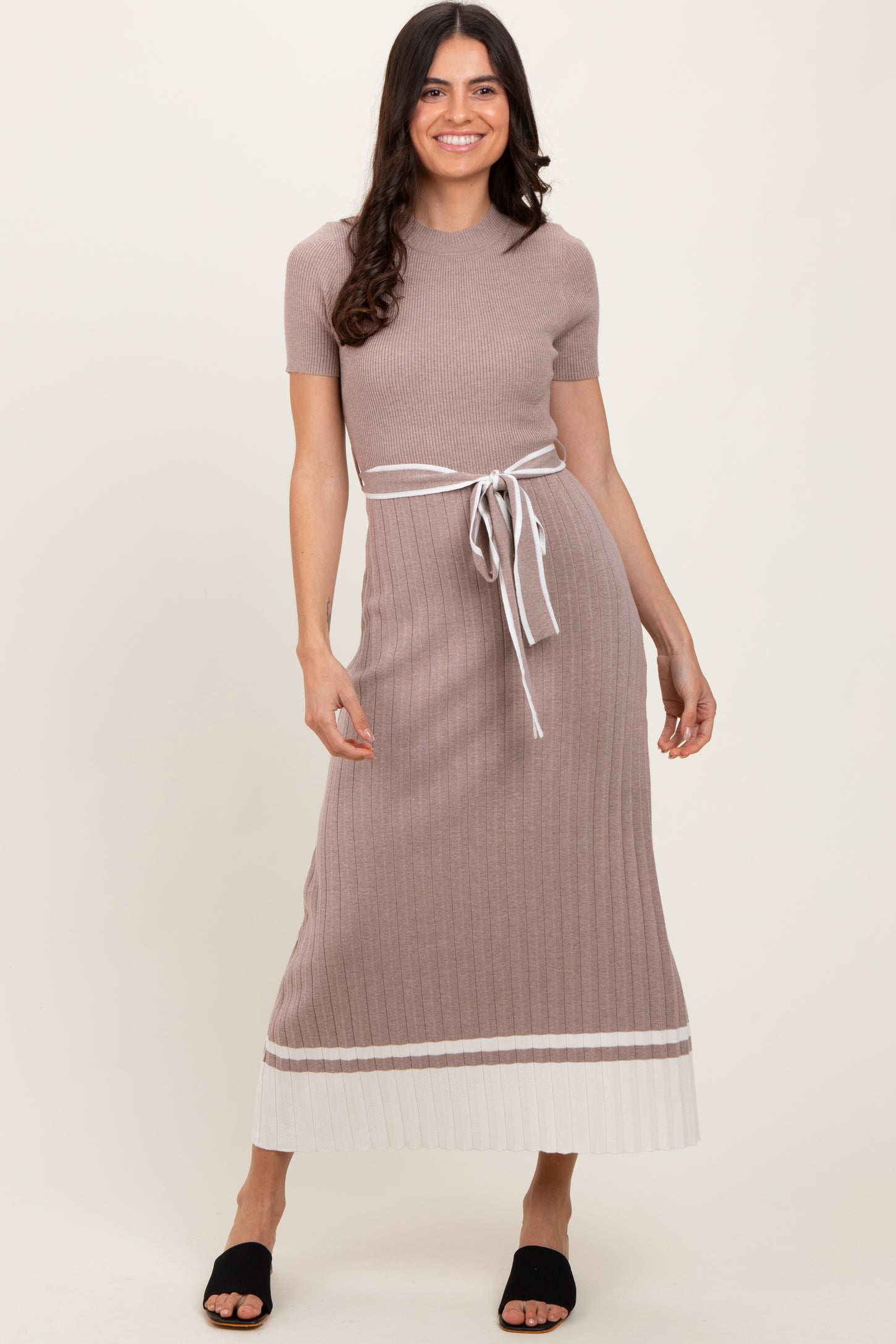 Mocha Ribbed Knit Pleated Midi Dress Mocha Ribbed Knit Pleated Midi Dress