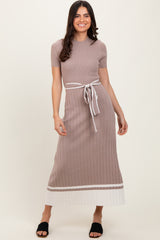 Mocha Ribbed Knit Pleated Maternity Midi Dress