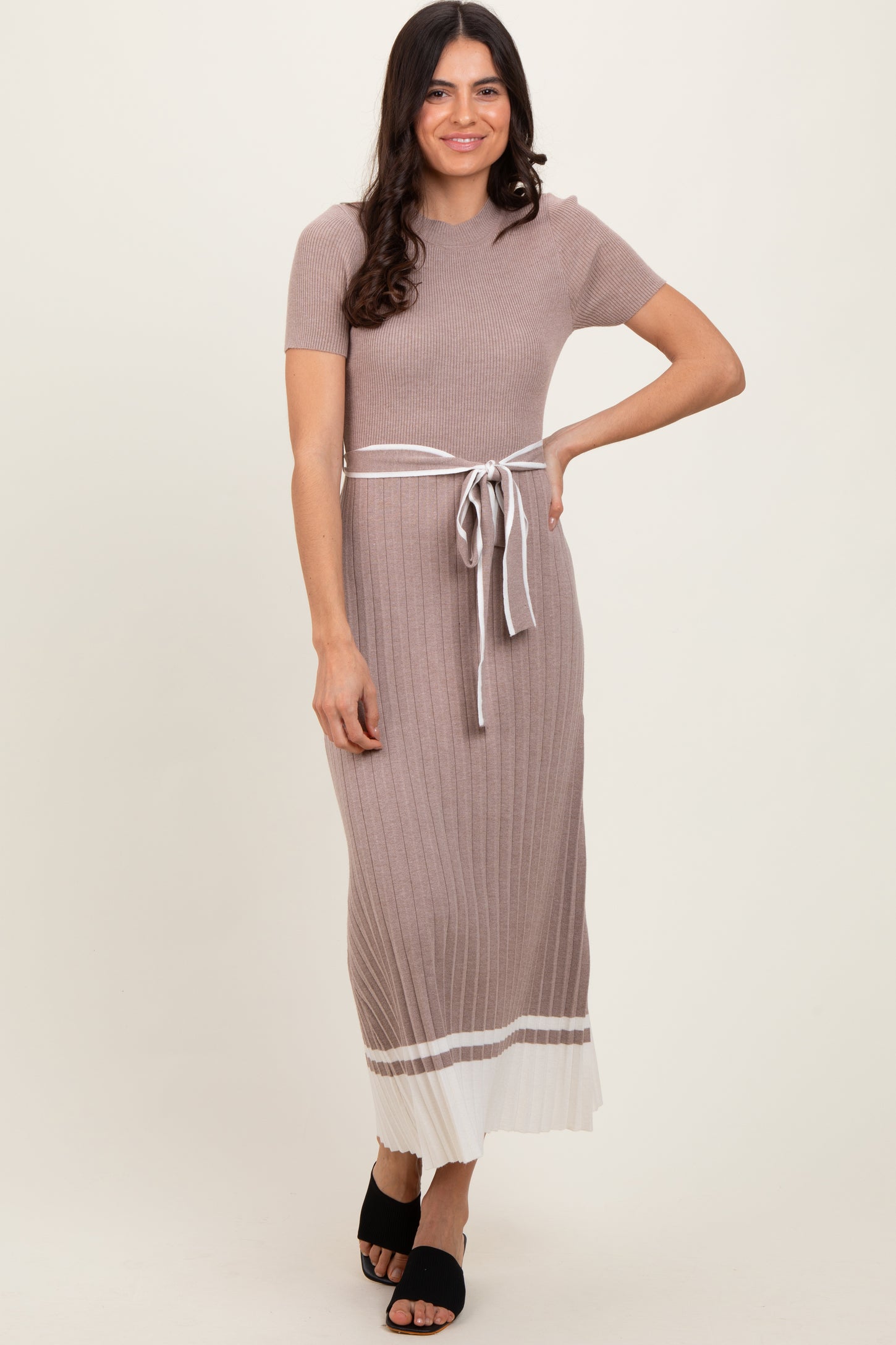 Mocha Ribbed Knit Pleated Midi Dress Mocha Ribbed Knit Pleated Midi Dress