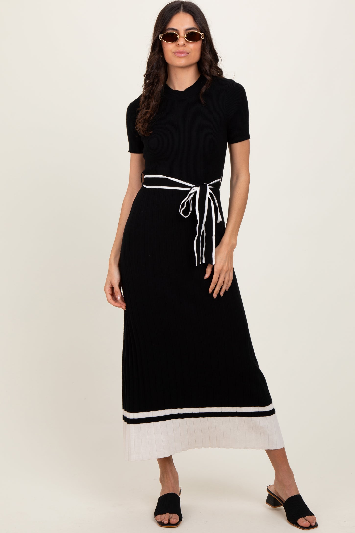 Black Ribbed Knit Pleated Midi Dress Black Ribbed Knit Pleated Midi Dress
