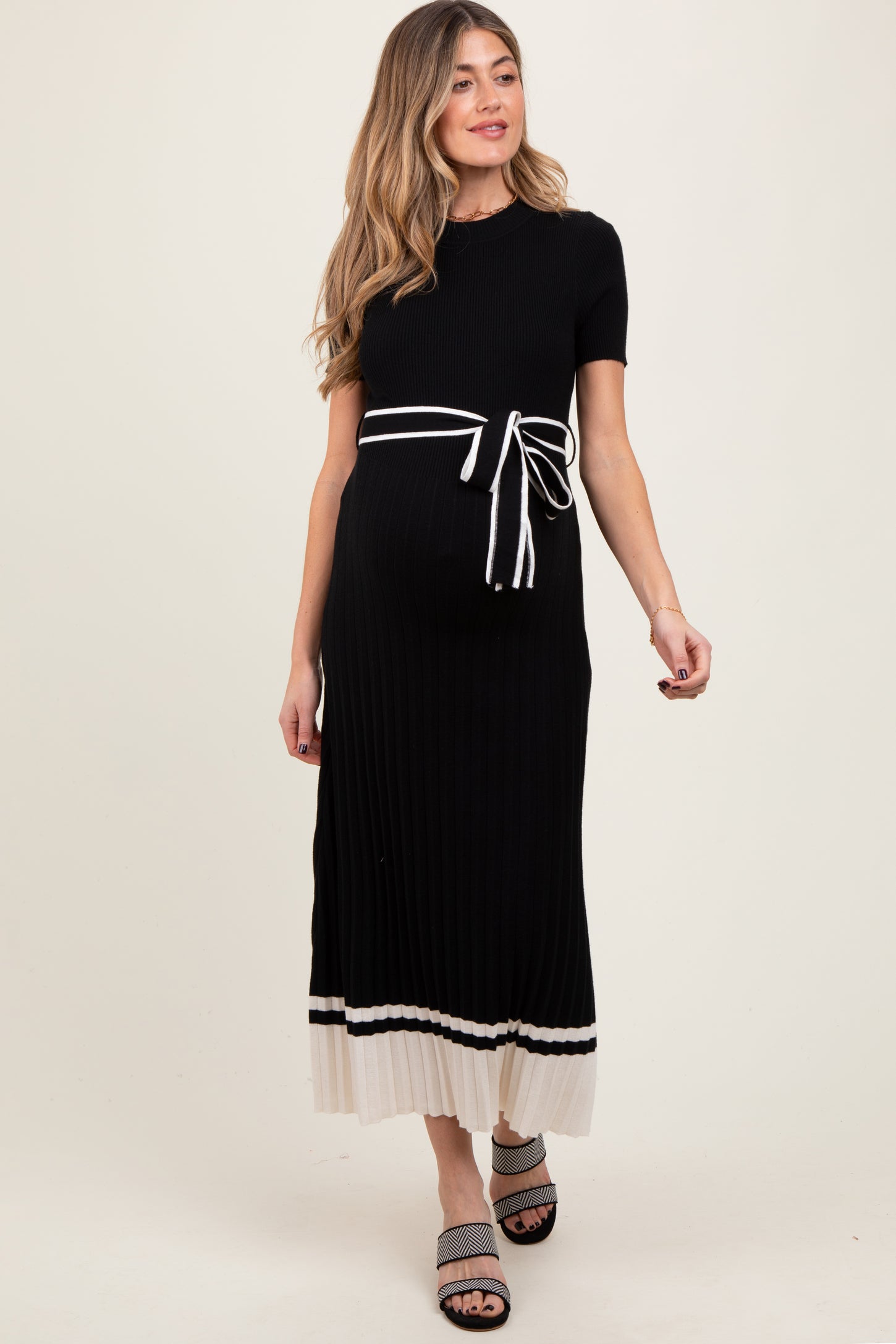 Black Ribbed Knit Pleated Maternity Midi Dress Black Ribbed Knit Pleated Maternity Midi Dress