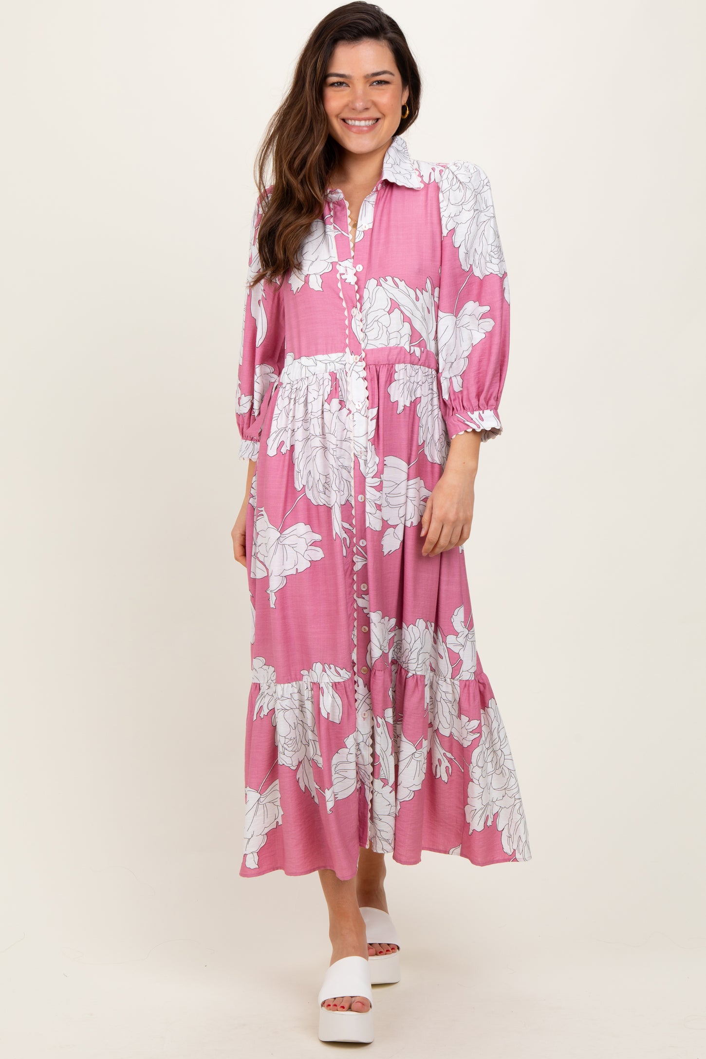 Pink Floral Print Cinched Tie Waist Maternity Shirt Dress