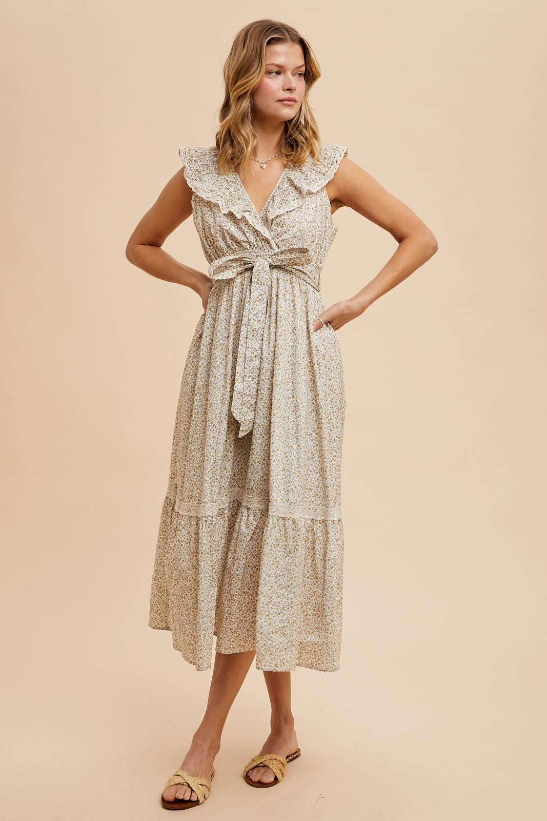 Cream Ruffled Floral Cotton Maxi Dress