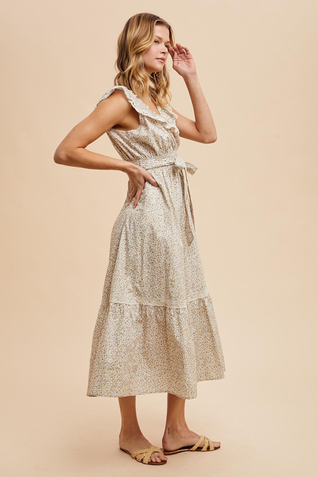 Cream Ruffled Floral Cotton Maxi Dress