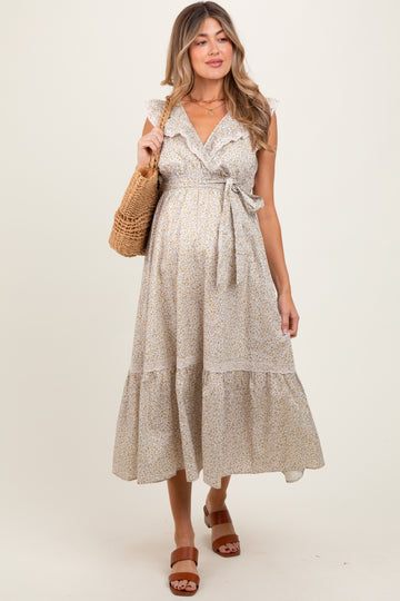 Cream Ruffled Floral Cotton Maternity Maxi Dress