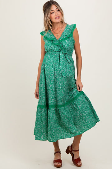 Green Ruffled Floral Cotton Maternity Maxi Dress