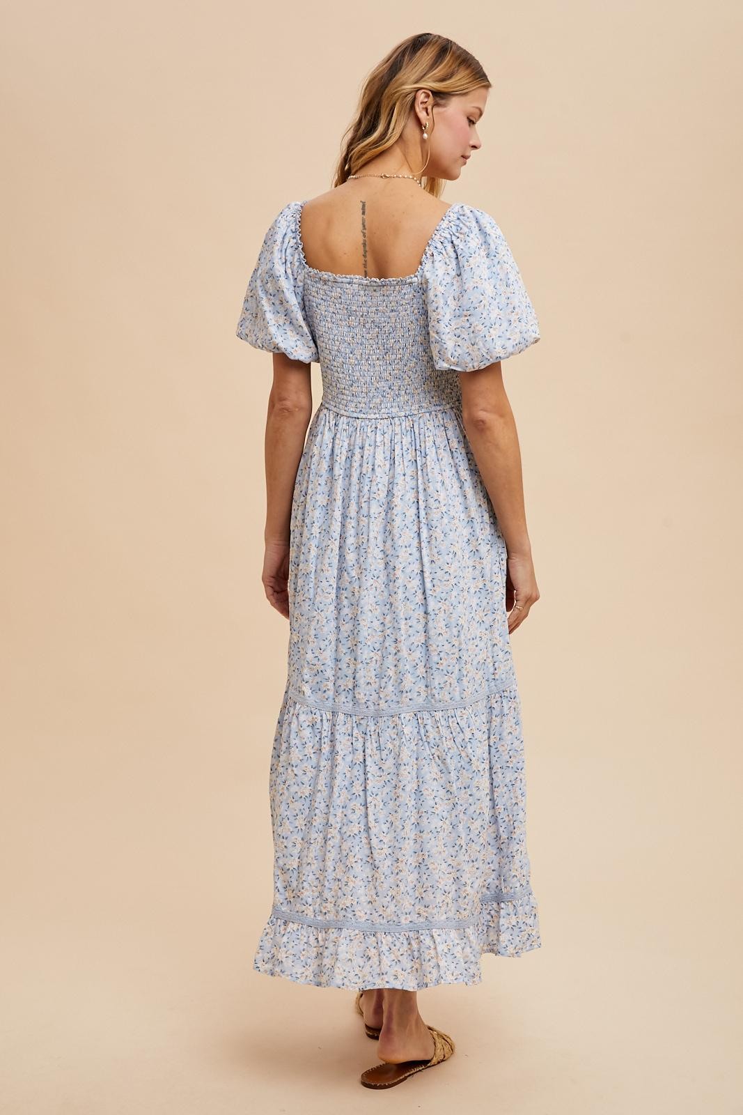 Light Blue Floral Sweetheart Maxi Dress