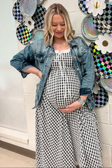 Black Gingham Smocked Trim Maternity Midi Dress