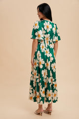Emerald Notched Collar Floral Button Down Maxi Dress