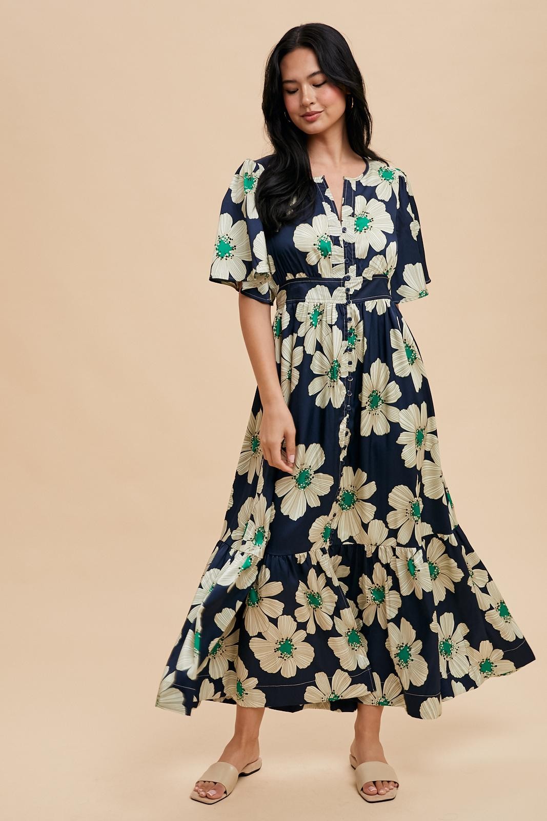 short sleeve button down maxi dress Navy Notched Collar Floral Size:12.0 Beach Riot Rianne Maxi Featuring a flattering fit 2010’s