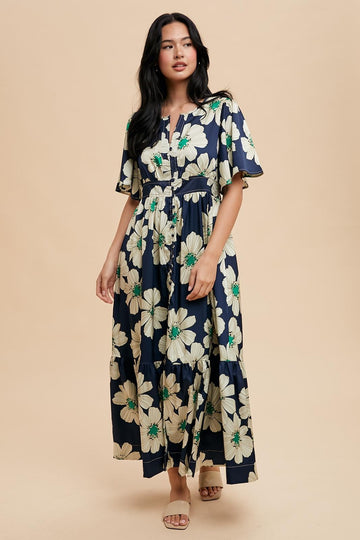Navy Notched Collar Floral Button Down Maxi Dress