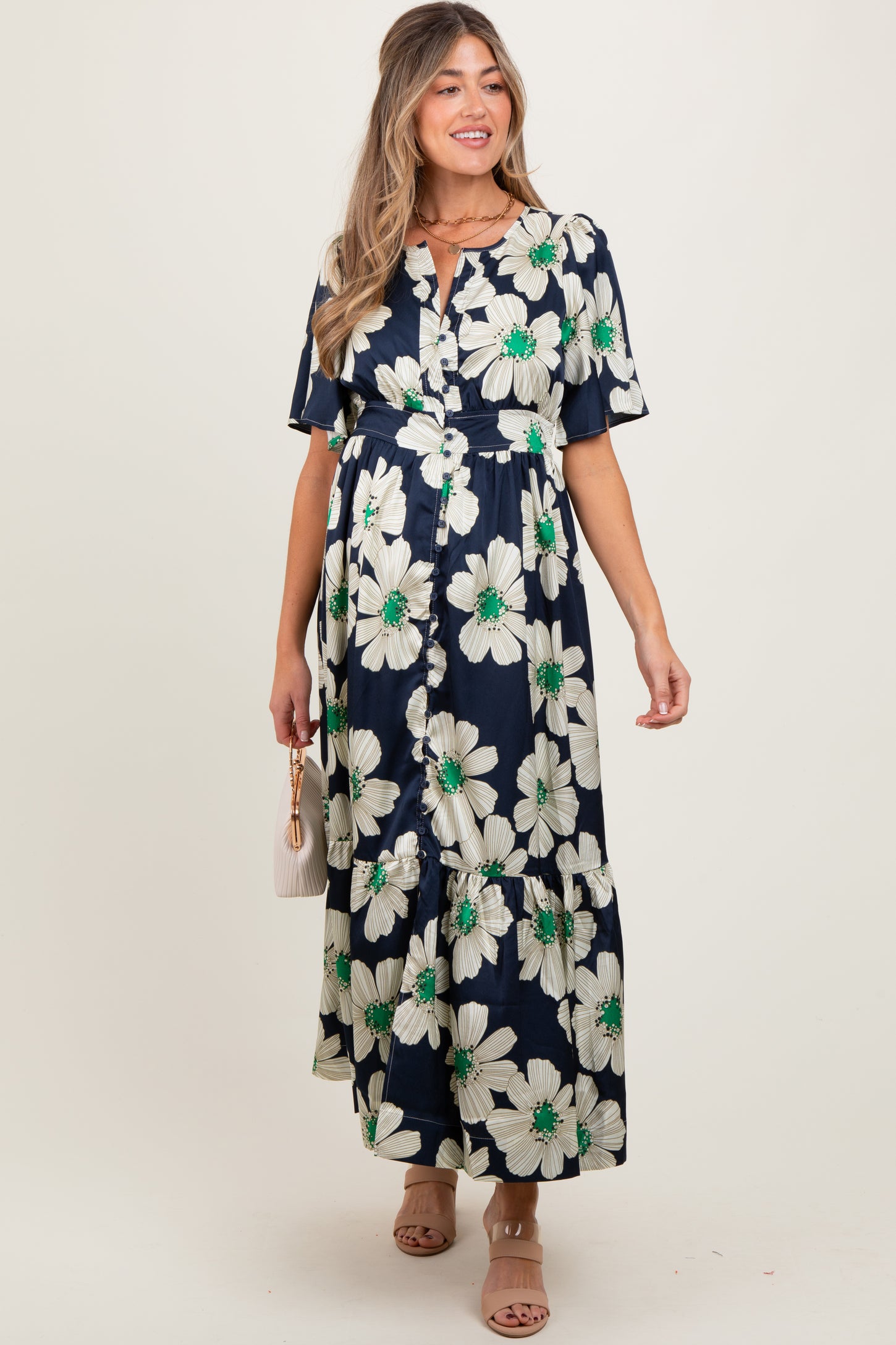 Navy Notched Collar Floral Button Down Maternity Maxi Dress