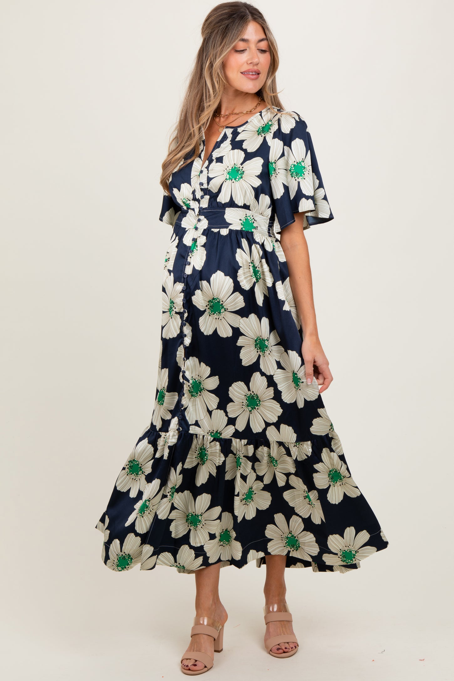 Navy Notched Collar Floral Button Down Maternity Maxi Dress