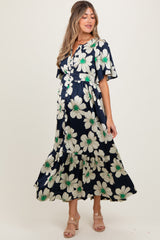 Navy Notched Collar Floral Button Down Maternity Maxi Dress