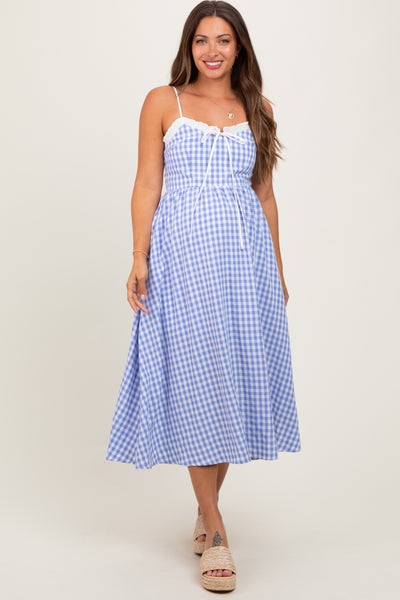 Blue Gingham Smocked Trim Maternity Midi Dress – PinkBlush