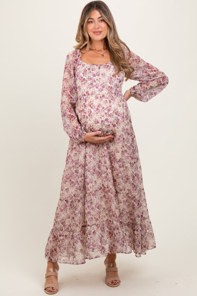 Mauve Floral Floral Chiffon Maternity Maxi Dress