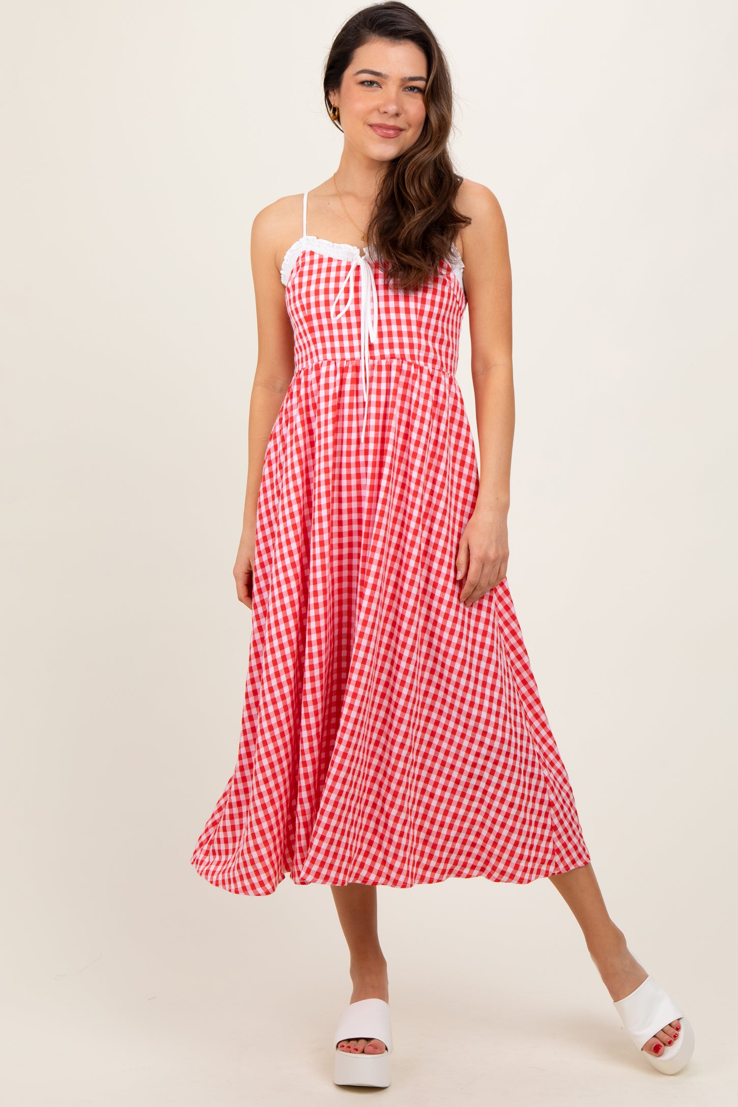 Red Gingham Smocked Trim Maternity Midi Dress PinkBlush Red Gingham Smocked Trim Maternity Midi Dress PinkBlush