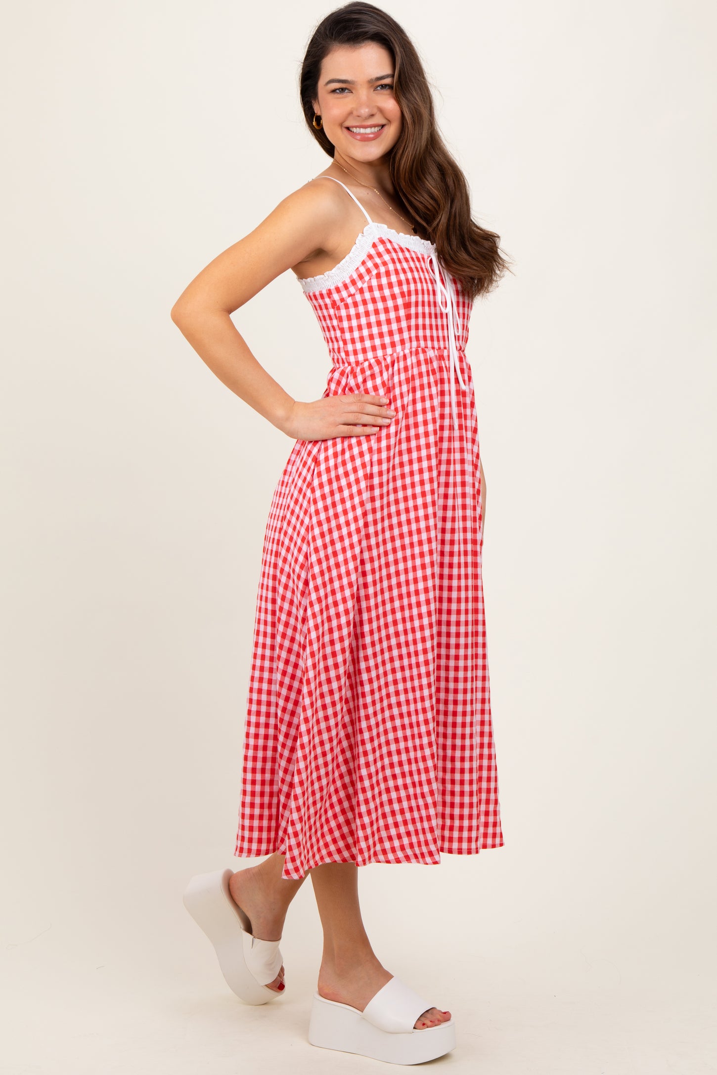 Red Gingham Smocked Trim Midi Dress