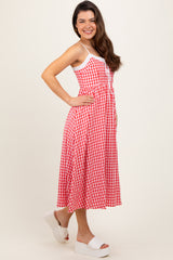 Red Gingham Smocked Trim Midi Dress