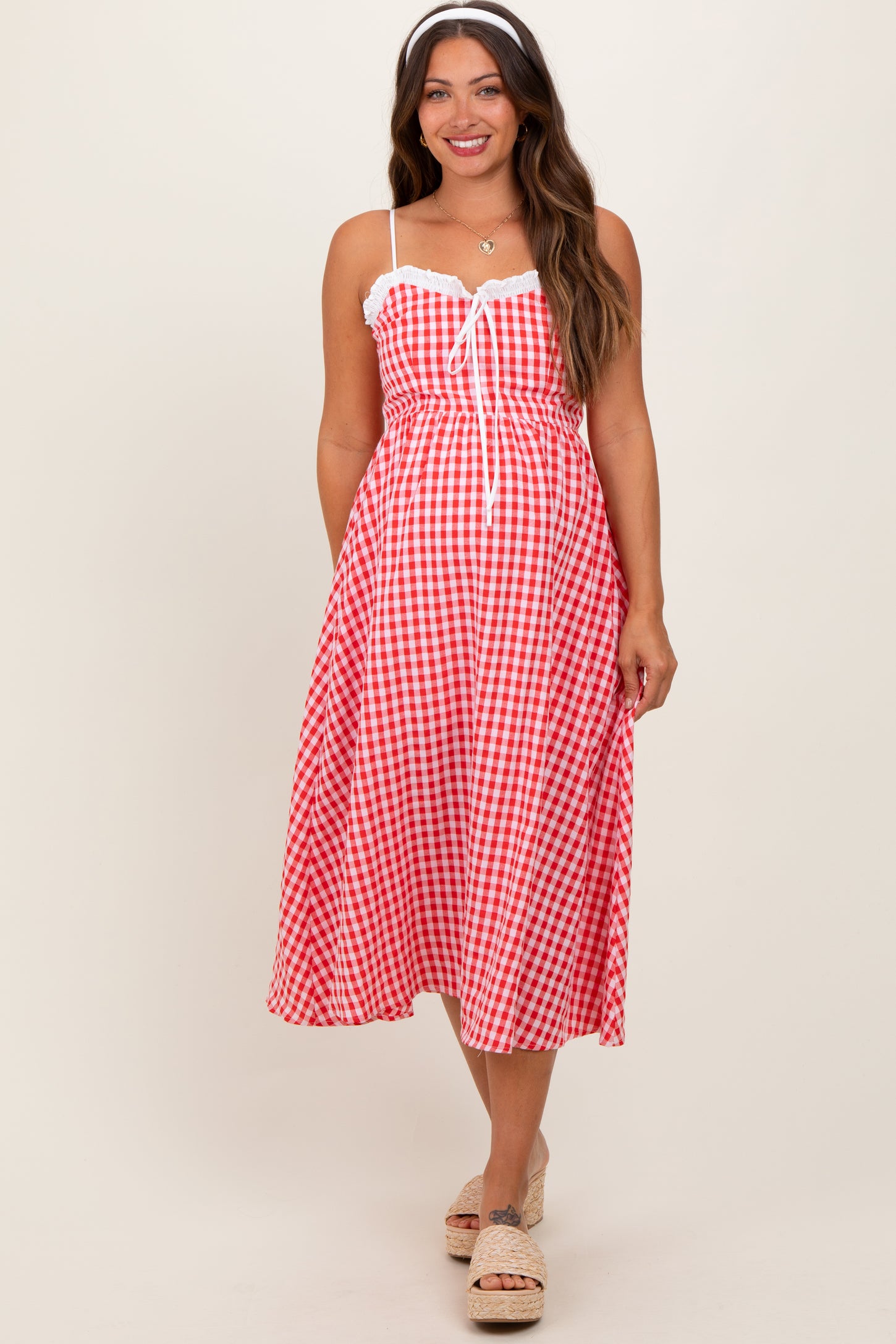 Red Gingham Smocked Trim Maternity Midi Dress PinkBlush Red Gingham Smocked Trim Maternity Midi Dress PinkBlush