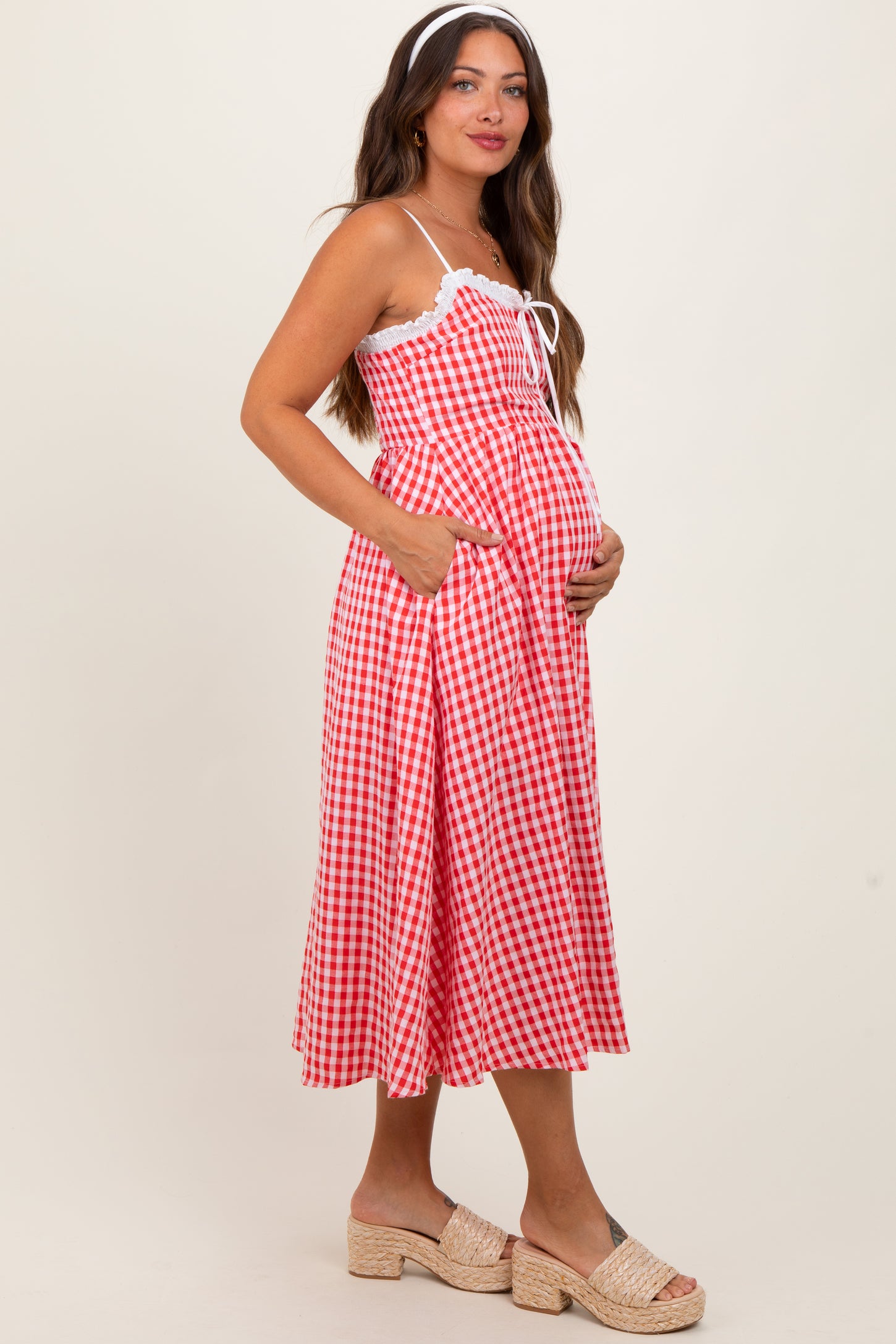 Red Gingham Smocked Trim Maternity Midi Dress PinkBlush Red Gingham Smocked Trim Maternity Midi Dress PinkBlush