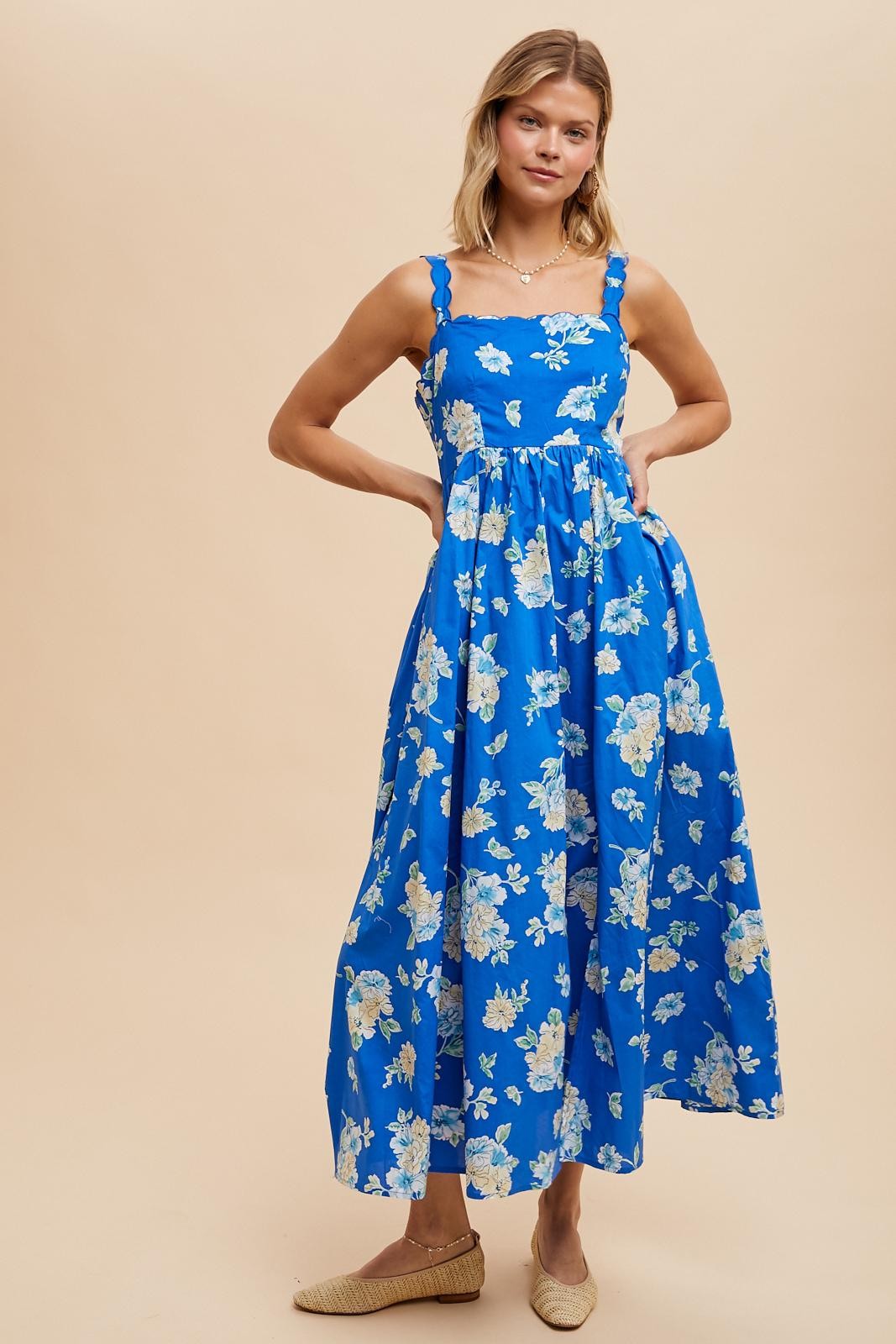 Royal Blue Floral Bold Print Cotton Maxi Dress