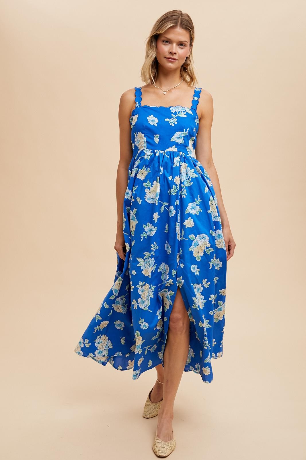 Royal Blue Floral Bold Print Cotton Maxi Dress