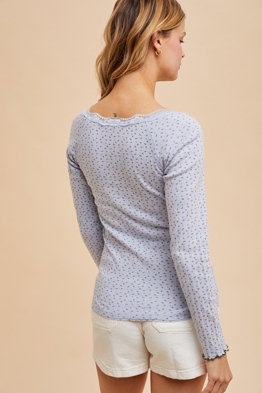 Light Blue Lace Trim Floral Fitted Top