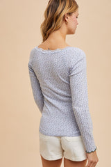 Light Blue Lace Trim Floral Fitted Top