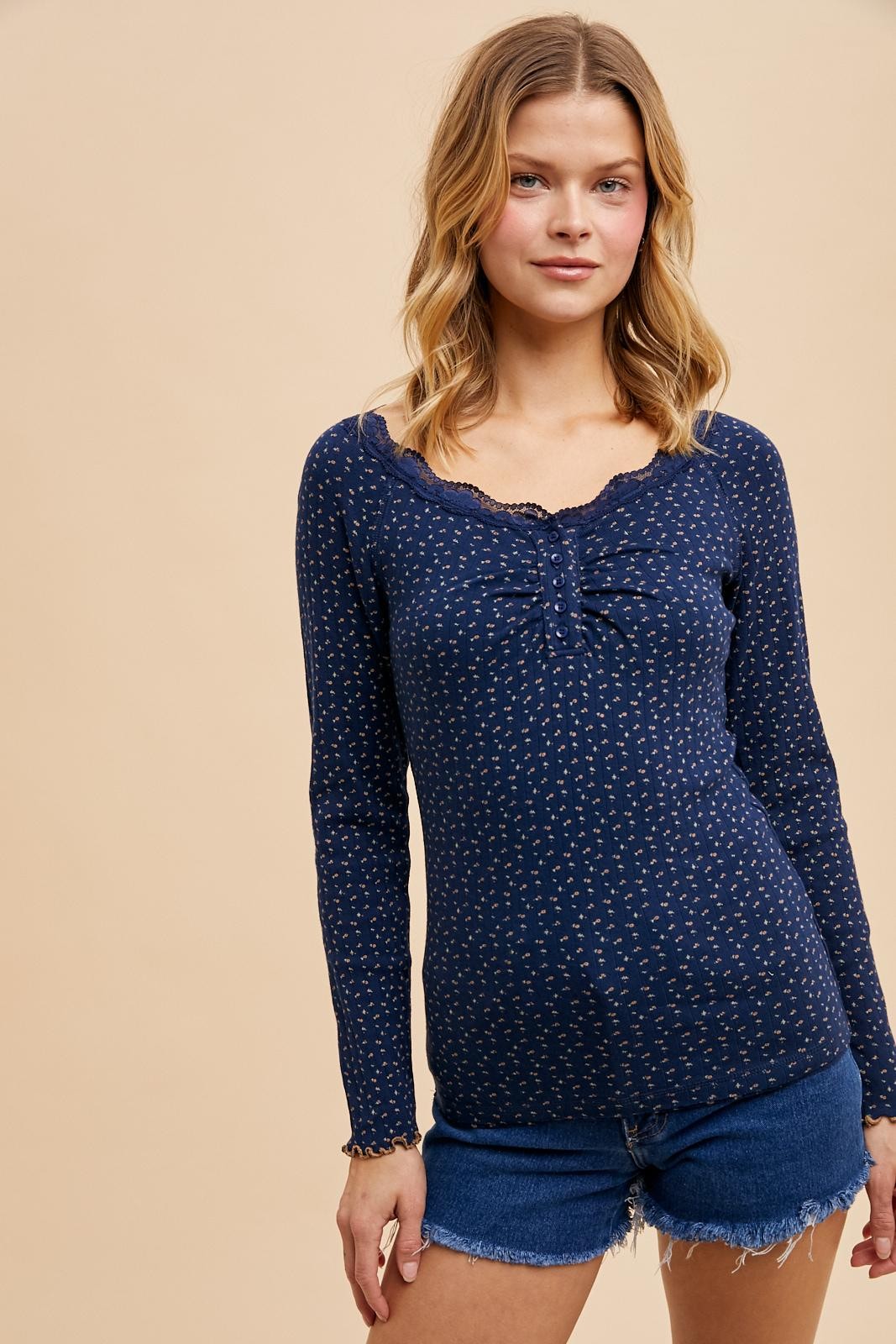 Navy Lace Trim Floral Fitted Top