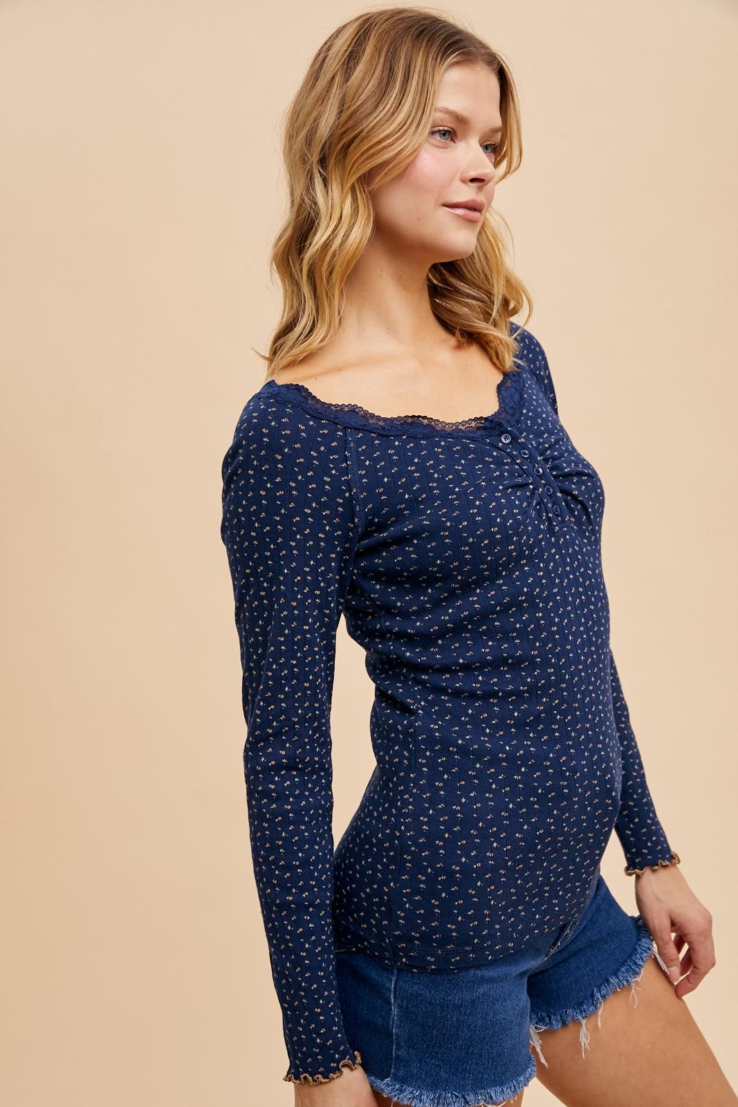 Navy Lace Trim Floral Fitted Top